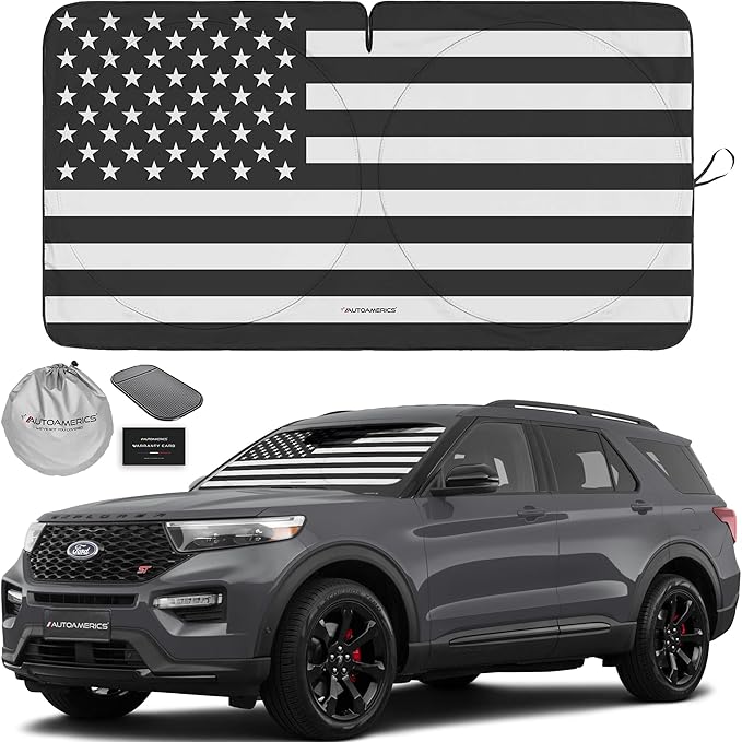 1-Piece Windshield Sun Shade B&W American Flag USA Patriotic Design - Foldable Car Front Window Sunshade for Most Sedans SUV Truck - Blocks Max UV Rays and Keeps Your Vehicle Cool - Medium