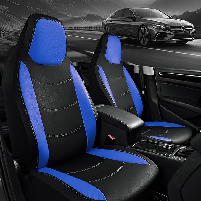 Road Comforts Car Seat Cover, Front Leather Car Seat Covers, Automotive Low Back Sport Car Seat Covers, Airbag Compatible, Universal Fit for Most Cars (Blue)