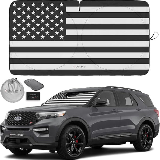 1-Piece Windshield Sun Shade B&W American Flag USA Patriotic Design - Foldable Car Front Window Sunshade for Most Sedans SUV Truck - Blocks Max UV Rays and Keeps Your Vehicle Cool - Medium